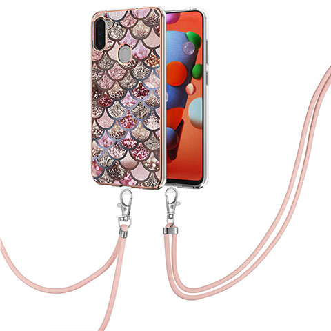 Handyhülle Silikon Hülle Gummi Schutzhülle Flexible Modisch Muster mit Schlüsselband Lanyard Y03B für Samsung Galaxy A11 Braun