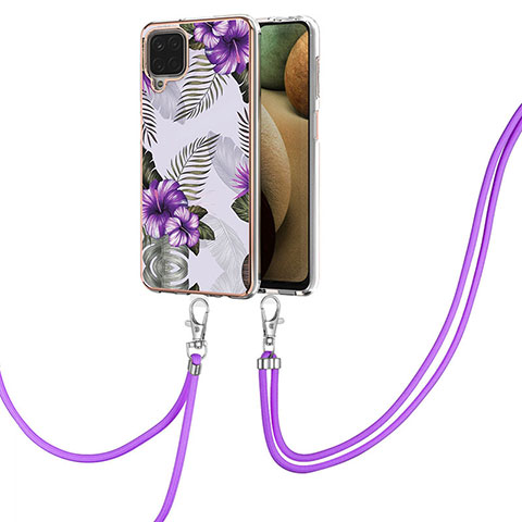 Handyhülle Silikon Hülle Gummi Schutzhülle Flexible Modisch Muster mit Schlüsselband Lanyard Y03B für Samsung Galaxy A12 Nacho Violett