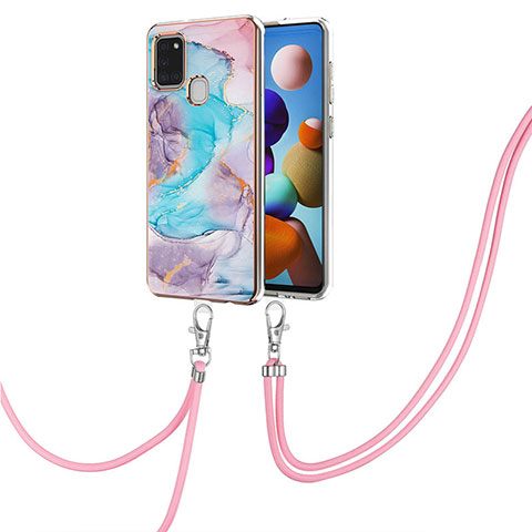 Handyhülle Silikon Hülle Gummi Schutzhülle Flexible Modisch Muster mit Schlüsselband Lanyard Y03B für Samsung Galaxy A21s Blau