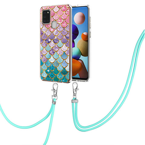 Handyhülle Silikon Hülle Gummi Schutzhülle Flexible Modisch Muster mit Schlüsselband Lanyard Y03B für Samsung Galaxy A21s Bunt