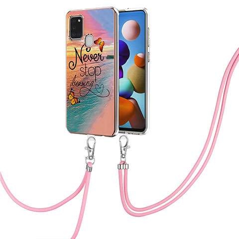 Handyhülle Silikon Hülle Gummi Schutzhülle Flexible Modisch Muster mit Schlüsselband Lanyard Y03B für Samsung Galaxy A21s Plusfarbig