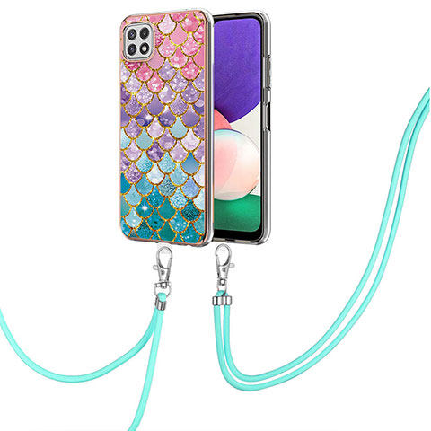 Handyhülle Silikon Hülle Gummi Schutzhülle Flexible Modisch Muster mit Schlüsselband Lanyard Y03B für Samsung Galaxy A22 5G Bunt