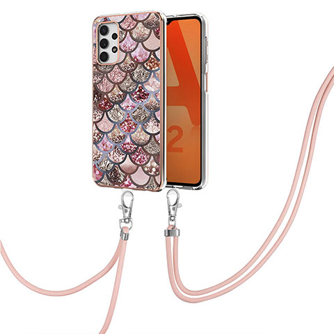 Handyhülle Silikon Hülle Gummi Schutzhülle Flexible Modisch Muster mit Schlüsselband Lanyard Y03B für Samsung Galaxy A32 4G Braun