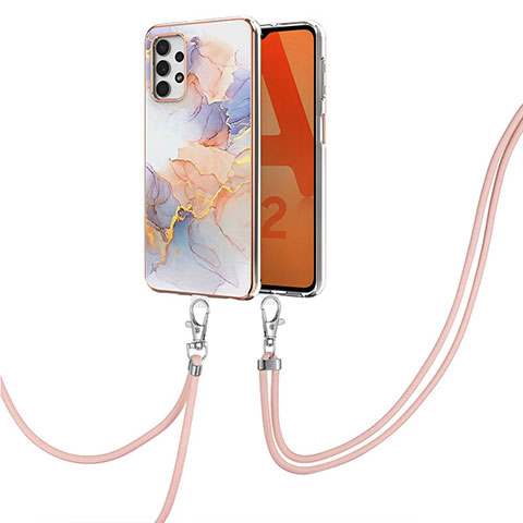 Handyhülle Silikon Hülle Gummi Schutzhülle Flexible Modisch Muster mit Schlüsselband Lanyard Y03B für Samsung Galaxy A32 5G Helles Lila