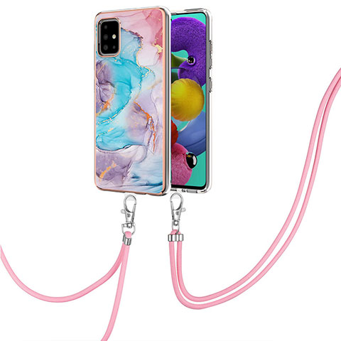 Handyhülle Silikon Hülle Gummi Schutzhülle Flexible Modisch Muster mit Schlüsselband Lanyard Y03B für Samsung Galaxy A51 4G Blau