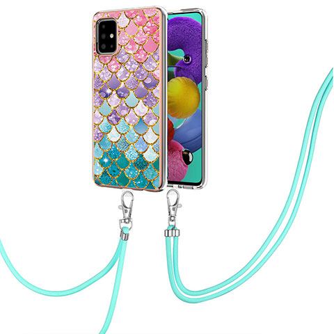 Handyhülle Silikon Hülle Gummi Schutzhülle Flexible Modisch Muster mit Schlüsselband Lanyard Y03B für Samsung Galaxy A51 4G Bunt