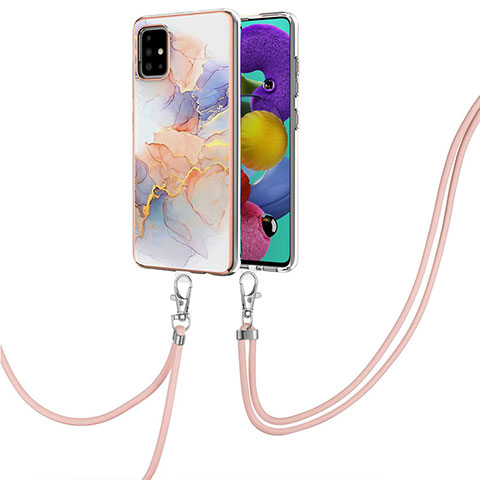 Handyhülle Silikon Hülle Gummi Schutzhülle Flexible Modisch Muster mit Schlüsselband Lanyard Y03B für Samsung Galaxy A51 4G Helles Lila