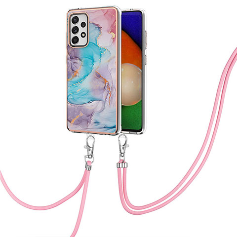 Handyhülle Silikon Hülle Gummi Schutzhülle Flexible Modisch Muster mit Schlüsselband Lanyard Y03B für Samsung Galaxy A52 4G Blau