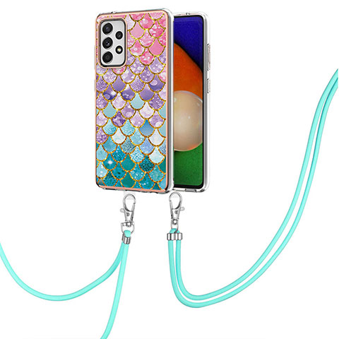 Handyhülle Silikon Hülle Gummi Schutzhülle Flexible Modisch Muster mit Schlüsselband Lanyard Y03B für Samsung Galaxy A52 5G Bunt