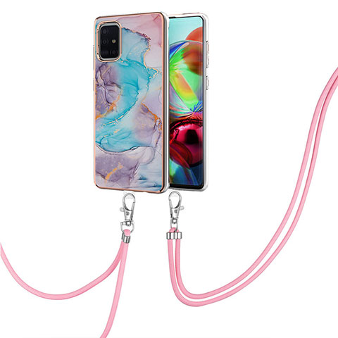 Handyhülle Silikon Hülle Gummi Schutzhülle Flexible Modisch Muster mit Schlüsselband Lanyard Y03B für Samsung Galaxy A71 4G A715 Blau