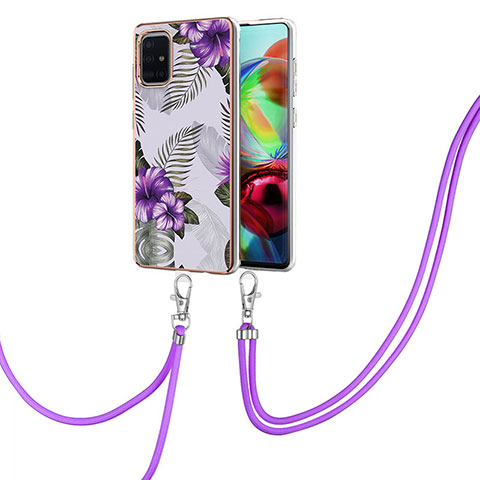 Handyhülle Silikon Hülle Gummi Schutzhülle Flexible Modisch Muster mit Schlüsselband Lanyard Y03B für Samsung Galaxy A71 4G A715 Violett