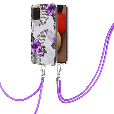 Handyhülle Silikon Hülle Gummi Schutzhülle Flexible Modisch Muster mit Schlüsselband Lanyard Y03B für Samsung Galaxy F02S SM-E025F Violett