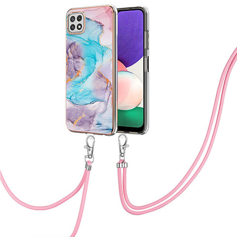 Handyhülle Silikon Hülle Gummi Schutzhülle Flexible Modisch Muster mit Schlüsselband Lanyard Y03B für Samsung Galaxy F42 5G Blau