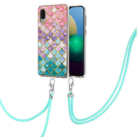 Handyhülle Silikon Hülle Gummi Schutzhülle Flexible Modisch Muster mit Schlüsselband Lanyard Y03B für Samsung Galaxy M02 Bunt