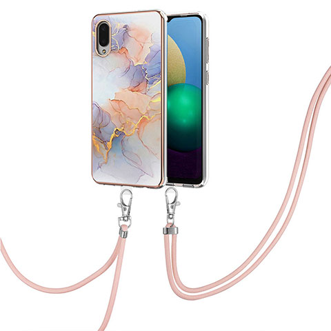 Handyhülle Silikon Hülle Gummi Schutzhülle Flexible Modisch Muster mit Schlüsselband Lanyard Y03B für Samsung Galaxy M02 Helles Lila