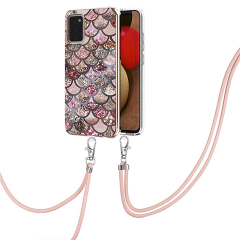 Handyhülle Silikon Hülle Gummi Schutzhülle Flexible Modisch Muster mit Schlüsselband Lanyard Y03B für Samsung Galaxy M02s Braun