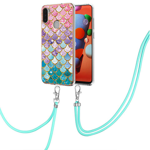 Handyhülle Silikon Hülle Gummi Schutzhülle Flexible Modisch Muster mit Schlüsselband Lanyard Y03B für Samsung Galaxy M11 Bunt