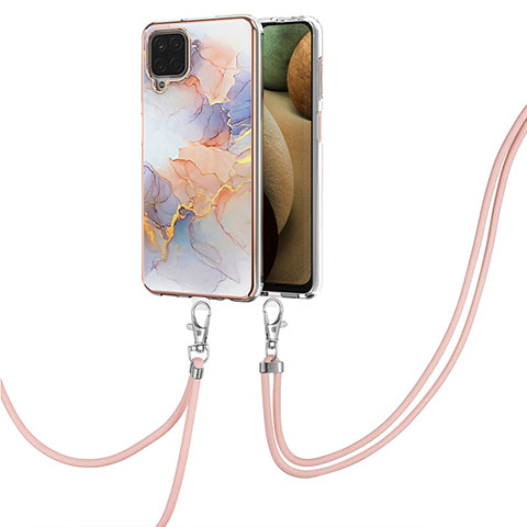 Handyhülle Silikon Hülle Gummi Schutzhülle Flexible Modisch Muster mit Schlüsselband Lanyard Y03B für Samsung Galaxy M12 Helles Lila