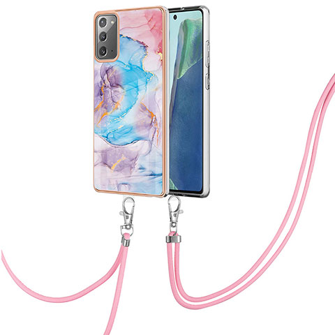 Handyhülle Silikon Hülle Gummi Schutzhülle Flexible Modisch Muster mit Schlüsselband Lanyard Y03B für Samsung Galaxy Note 20 5G Blau