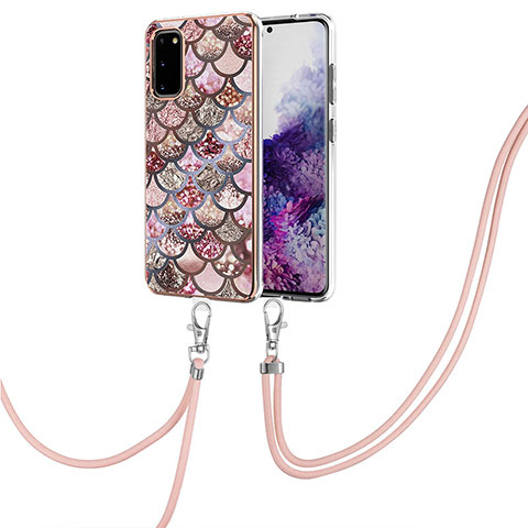 Handyhülle Silikon Hülle Gummi Schutzhülle Flexible Modisch Muster mit Schlüsselband Lanyard Y03B für Samsung Galaxy S20 5G Braun