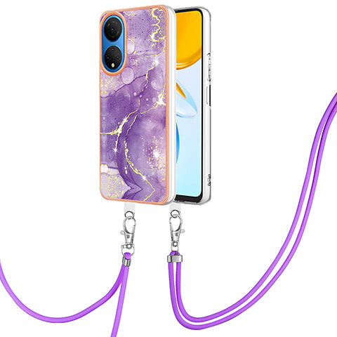 Handyhülle Silikon Hülle Gummi Schutzhülle Flexible Modisch Muster mit Schlüsselband Lanyard Y05B für Huawei Honor X7 Violett