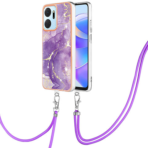 Handyhülle Silikon Hülle Gummi Schutzhülle Flexible Modisch Muster mit Schlüsselband Lanyard Y05B für Huawei Honor X7a Violett