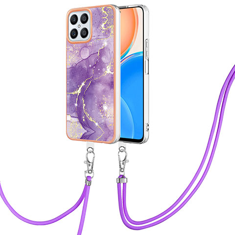 Handyhülle Silikon Hülle Gummi Schutzhülle Flexible Modisch Muster mit Schlüsselband Lanyard Y05B für Huawei Honor X8 4G Violett