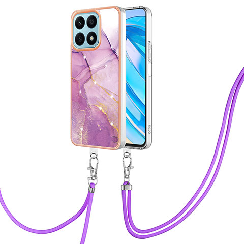 Handyhülle Silikon Hülle Gummi Schutzhülle Flexible Modisch Muster mit Schlüsselband Lanyard Y05B für Huawei Honor X8a 4G Helles Lila