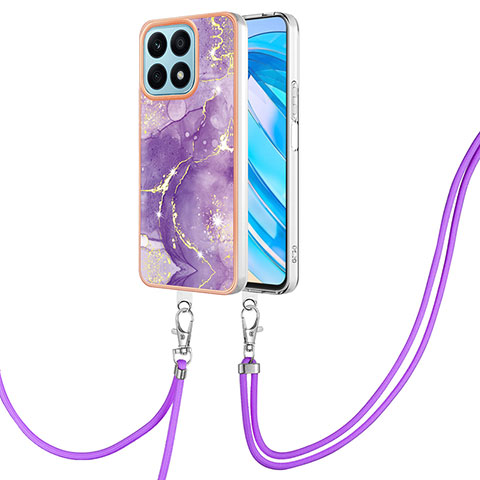 Handyhülle Silikon Hülle Gummi Schutzhülle Flexible Modisch Muster mit Schlüsselband Lanyard Y05B für Huawei Honor X8a 4G Violett