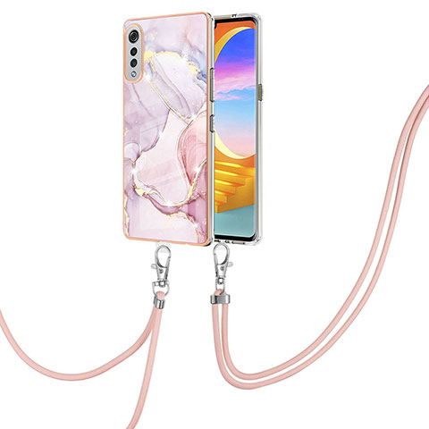 Handyhülle Silikon Hülle Gummi Schutzhülle Flexible Modisch Muster mit Schlüsselband Lanyard Y05B für LG Velvet 5G Rosa