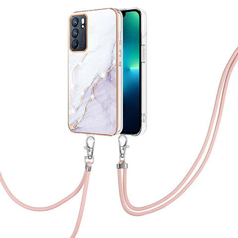 Handyhülle Silikon Hülle Gummi Schutzhülle Flexible Modisch Muster mit Schlüsselband Lanyard Y05B für Oppo Reno6 5G Weiß