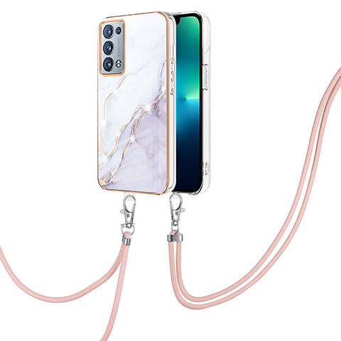 Handyhülle Silikon Hülle Gummi Schutzhülle Flexible Modisch Muster mit Schlüsselband Lanyard Y05B für Oppo Reno6 Pro 5G Weiß