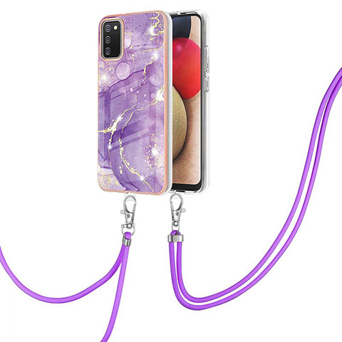 Handyhülle Silikon Hülle Gummi Schutzhülle Flexible Modisch Muster mit Schlüsselband Lanyard Y05B für Samsung Galaxy A02s Violett