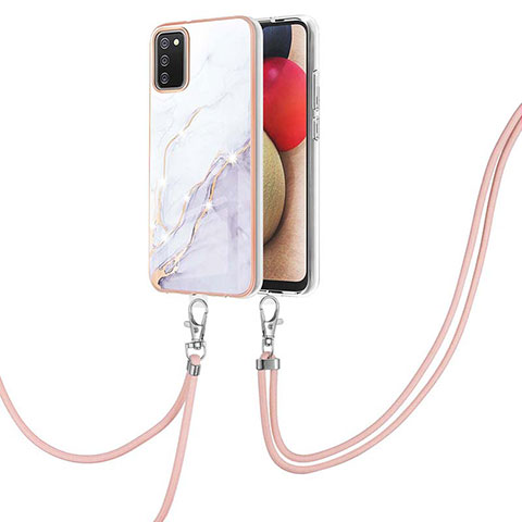 Handyhülle Silikon Hülle Gummi Schutzhülle Flexible Modisch Muster mit Schlüsselband Lanyard Y05B für Samsung Galaxy A02s Weiß