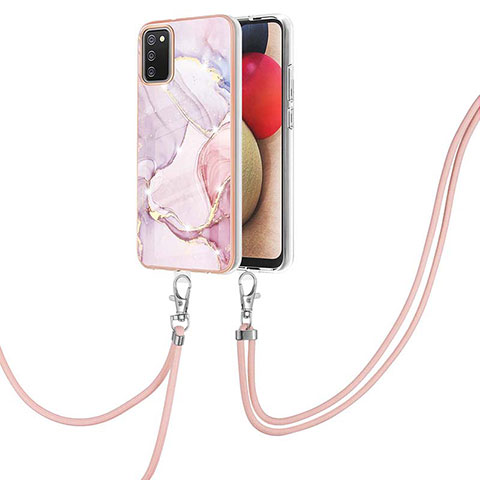 Handyhülle Silikon Hülle Gummi Schutzhülle Flexible Modisch Muster mit Schlüsselband Lanyard Y05B für Samsung Galaxy A03s Rosa