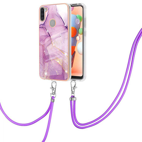 Handyhülle Silikon Hülle Gummi Schutzhülle Flexible Modisch Muster mit Schlüsselband Lanyard Y05B für Samsung Galaxy A11 Helles Lila