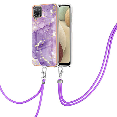 Handyhülle Silikon Hülle Gummi Schutzhülle Flexible Modisch Muster mit Schlüsselband Lanyard Y05B für Samsung Galaxy A12 5G Violett