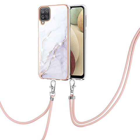 Handyhülle Silikon Hülle Gummi Schutzhülle Flexible Modisch Muster mit Schlüsselband Lanyard Y05B für Samsung Galaxy A12 Nacho Weiß