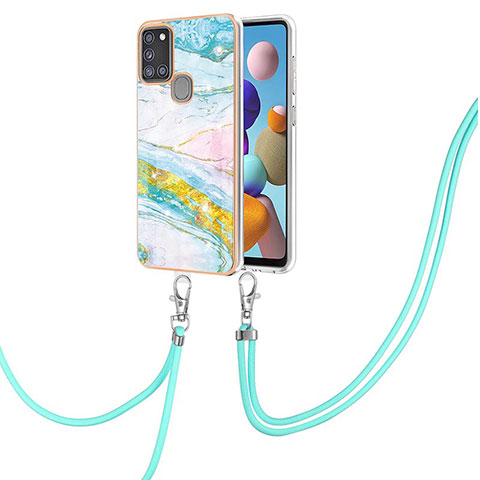 Handyhülle Silikon Hülle Gummi Schutzhülle Flexible Modisch Muster mit Schlüsselband Lanyard Y05B für Samsung Galaxy A21s Bunt