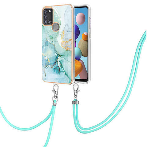 Handyhülle Silikon Hülle Gummi Schutzhülle Flexible Modisch Muster mit Schlüsselband Lanyard Y05B für Samsung Galaxy A21s Grün