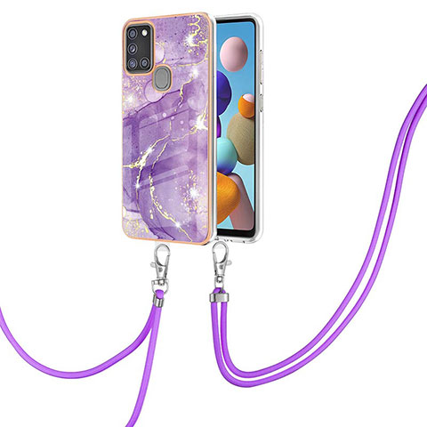 Handyhülle Silikon Hülle Gummi Schutzhülle Flexible Modisch Muster mit Schlüsselband Lanyard Y05B für Samsung Galaxy A21s Violett