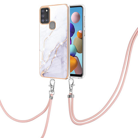 Handyhülle Silikon Hülle Gummi Schutzhülle Flexible Modisch Muster mit Schlüsselband Lanyard Y05B für Samsung Galaxy A21s Weiß