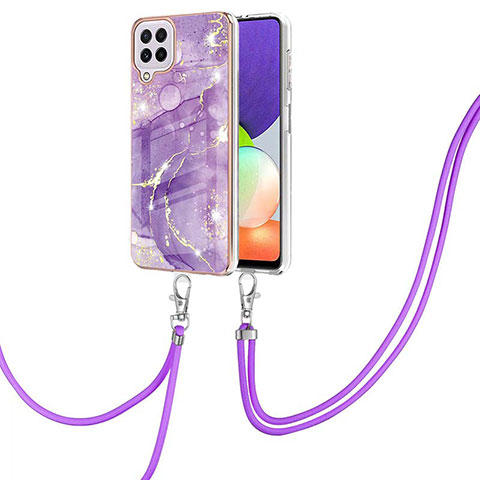 Handyhülle Silikon Hülle Gummi Schutzhülle Flexible Modisch Muster mit Schlüsselband Lanyard Y05B für Samsung Galaxy A22 4G Violett