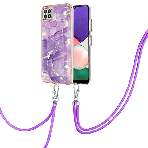 Handyhülle Silikon Hülle Gummi Schutzhülle Flexible Modisch Muster mit Schlüsselband Lanyard Y05B für Samsung Galaxy A22 5G Violett