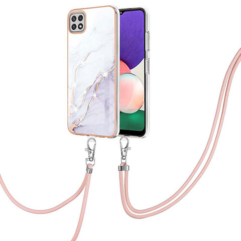 Handyhülle Silikon Hülle Gummi Schutzhülle Flexible Modisch Muster mit Schlüsselband Lanyard Y05B für Samsung Galaxy A22 5G Weiß