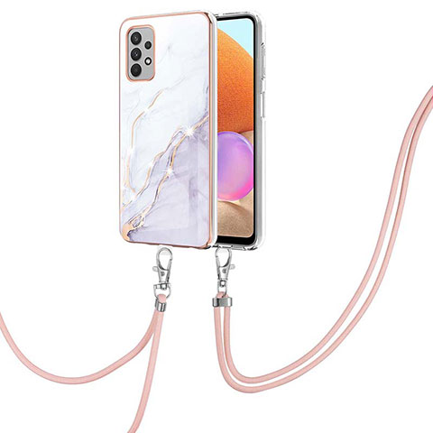 Handyhülle Silikon Hülle Gummi Schutzhülle Flexible Modisch Muster mit Schlüsselband Lanyard Y05B für Samsung Galaxy A32 4G Weiß