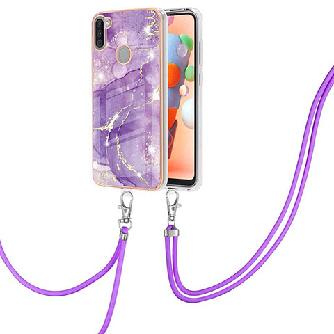 Handyhülle Silikon Hülle Gummi Schutzhülle Flexible Modisch Muster mit Schlüsselband Lanyard Y05B für Samsung Galaxy M11 Violett