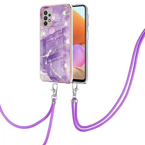 Handyhülle Silikon Hülle Gummi Schutzhülle Flexible Modisch Muster mit Schlüsselband Lanyard Y05B für Samsung Galaxy M32 5G Violett