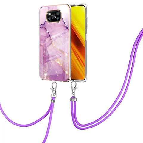 Handyhülle Silikon Hülle Gummi Schutzhülle Flexible Modisch Muster mit Schlüsselband Lanyard Y05B für Xiaomi Poco X3 NFC Helles Lila