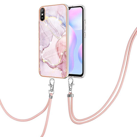 Handyhülle Silikon Hülle Gummi Schutzhülle Flexible Modisch Muster mit Schlüsselband Lanyard Y05B für Xiaomi Redmi 9AT Rosa